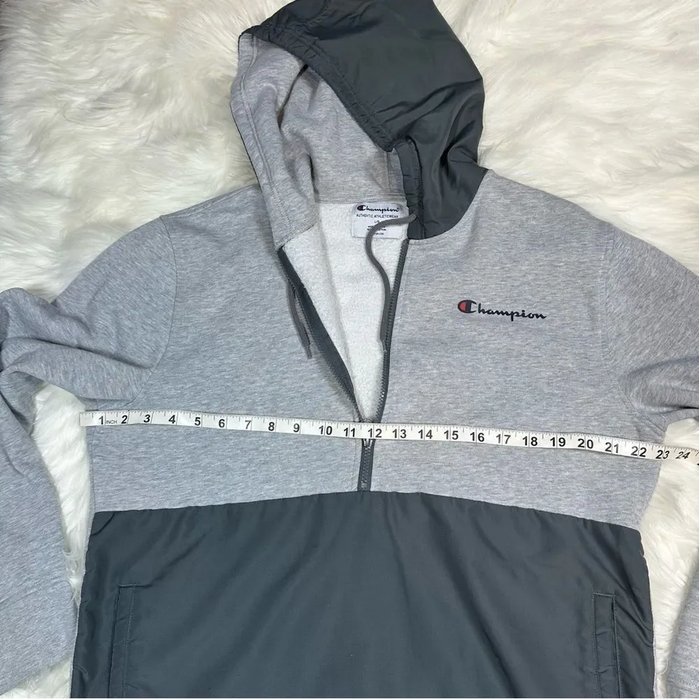 Champion~Men's~Fleece Woven-Mix Half Zip Two Tone Hoodie Heather Gray~Size Large